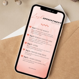 May include: A pink and white digital illustration with a list of five steps for lash appointment preparation. The steps include removing eye makeup, removing contact lenses, wearing comfortable clothes, preparing some ideas, and avoiding caffeine. The text "Lash Appointment Preparation" is at the top of the image.