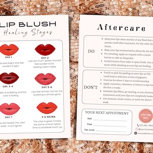 Modelo de blush labial pmu, instruções de cartão pmu de cuidados posteriores diy, processo de cura de tatuagem de blush labial, modelo de cartão de cuidados de negócios de pequena beleza canva