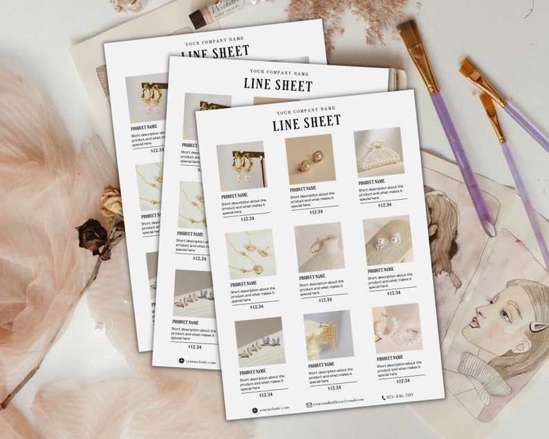 Op de afbeelding: Een lijnblad voor sieraden met een verscheidenheid aan gouden oorbellen, kettingen en armbanden. Het blad bevat productnamen, beschrijvingen en prijzen.