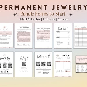 Paquete de inicio de negocio de joyería permanente, formulario de consentimiento de joyería permanente, tarjeta de cuidado de joyería permanente imprimible, herramientas de joyería permanente