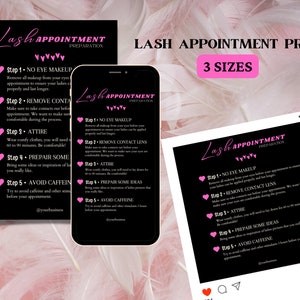 Scheda di preparazione all'appuntamento per l'estensione delle ciglia digitale nera rosa, prima della scheda dell'appuntamento, modello aziendale per ciglia stampabile, marketing per saloni