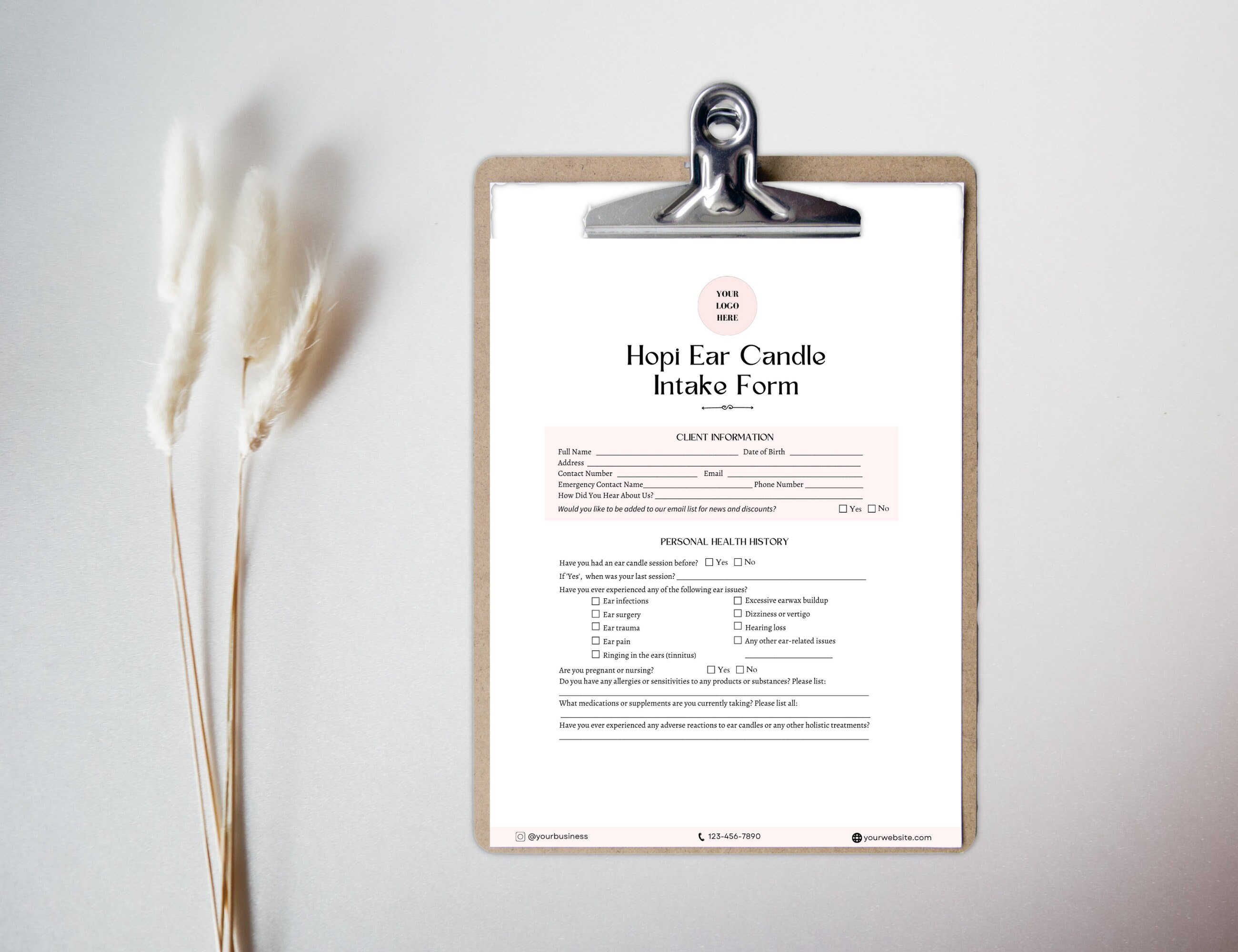 Hopi Ear Candling Intake Form, Hopi Ear Candling Consent Form, Canva Template Size A4 & US
