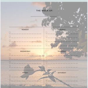 Digital Weekly Planner, Printable Weekly Planner, Weekly To Do List, Nature, Sunset, Palms Beach, Letter, Half Letter, A4, A5, Island image 4