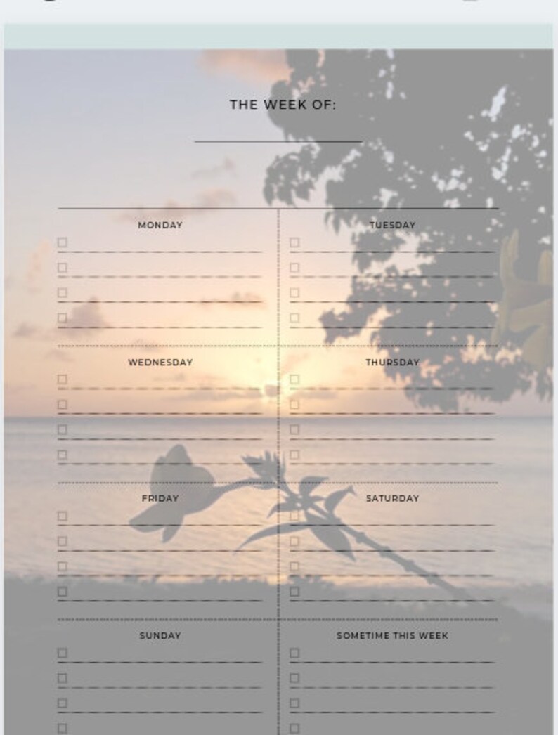 Digital Weekly Planner, Printable Weekly Planner, Weekly To Do List, Nature, Sunset, Palms Beach, Letter, Half Letter, A4, A5, Island image 4