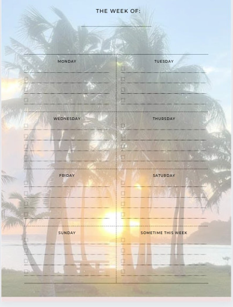 Digital Weekly Planner, Printable Weekly Planner, Weekly To Do List, Nature, Sunset, Palms Beach, Letter, Half Letter, A4, A5, Island image 2