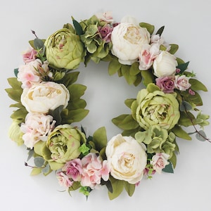 Green & Cream Peony Door Wreath