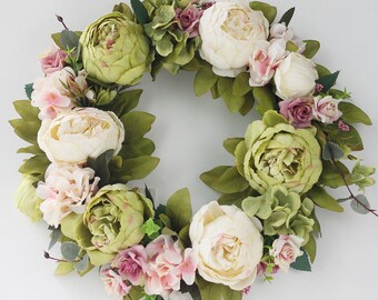 Green & Cream Peony Door Wreath