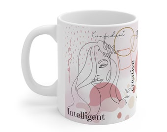 Empowerment in a Mug, Positive Self Affirmations to Start Your Day, boho style, contemporary mug, line art, abstract style Ceramic Mug 11oz