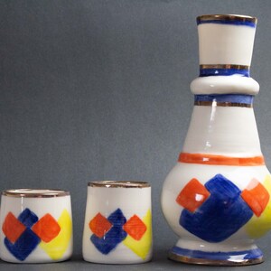 Persian Iznik style Surahi with two cups hand made hand craft Persian Culture tradition memory gold luster, modern contemporary design, cozy