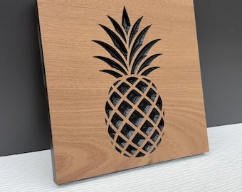 Pineapple Wall Art, Carved Wood Pineapple Decor, Welcome Symbol Sign, Tropical Kitchen Entryway Hanging, Solid Hardwood Hospitality Gift