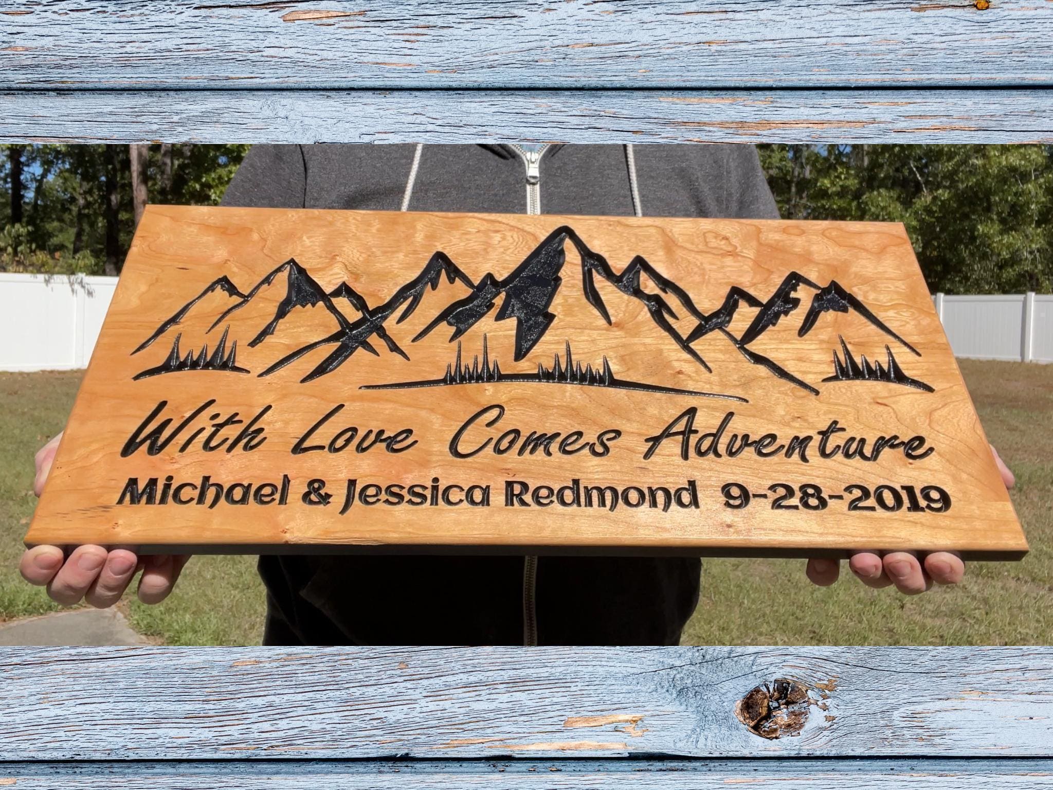 Custom Carved Mountain Wall Art - Unique Anniversary or Wedding Gift with Family Name Established Date Wood Sign, with Love Comes Adventure