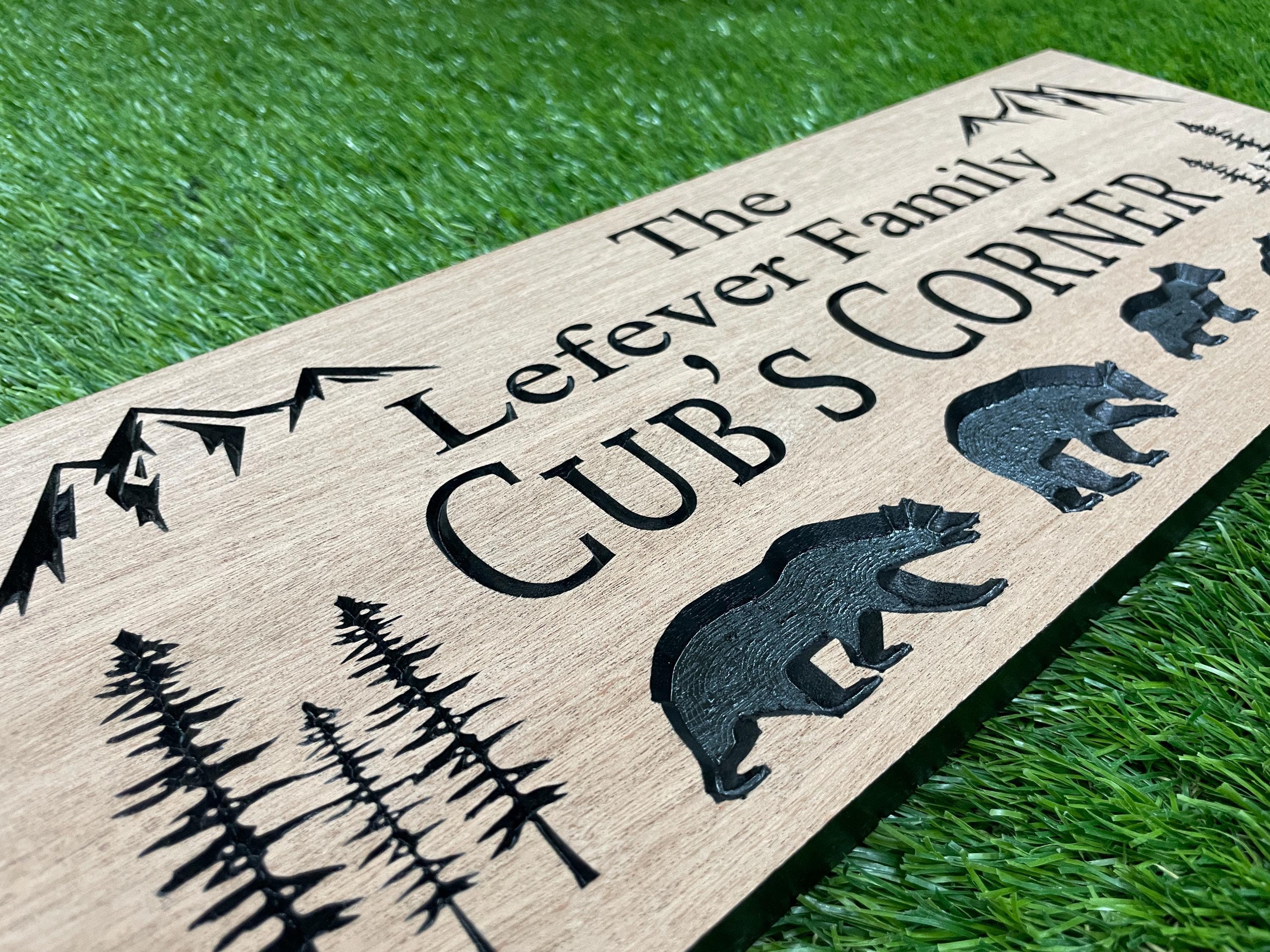 Personalized Wooden Welcome Sign: Carved Bear & Pine Tree Cabin Decor