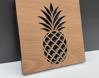 Pineapple Wall Art, Carved Wood Pineapple Decor, Welcome Symbol Sign, Tropical Kitchen Entryway Hanging, Solid Hardwood Hospitality Gift
