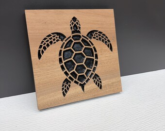 Sea Turtle Wall Art, Carved Wood Turtle Decor, Coastal Beach House Wall Hanging, Solid Hardwood Ocean Art, Square or Round, Turtle Gift