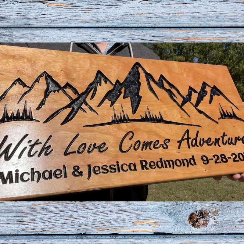 Custom Carved Mountain Wall Art - Unique Anniversary or Wedding Gift with Family Name Established Date Wood Sign, with Love Comes Adventure
