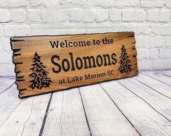 Welcome to the Lake Sign Custom Wood Live Edge, Personalized Family Name Lake Sign Pine Trees, Named Lake Sign Carved Hardwood