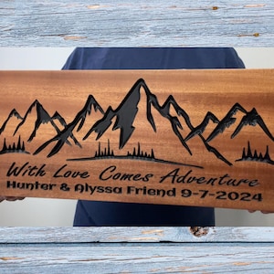 Custom Text Mountain Wall Art, Wood Carved Mountain Picture, Unique Anniversary or Wedding Gift, Family Name and Established Date Sign.