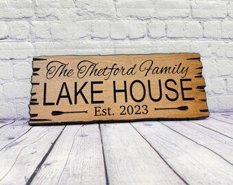 Lake House Sign Custom Wood Live Edge, Family Name Lake House Sign Paddle Carved, Established Date Lake Sign Hardwood Personalized