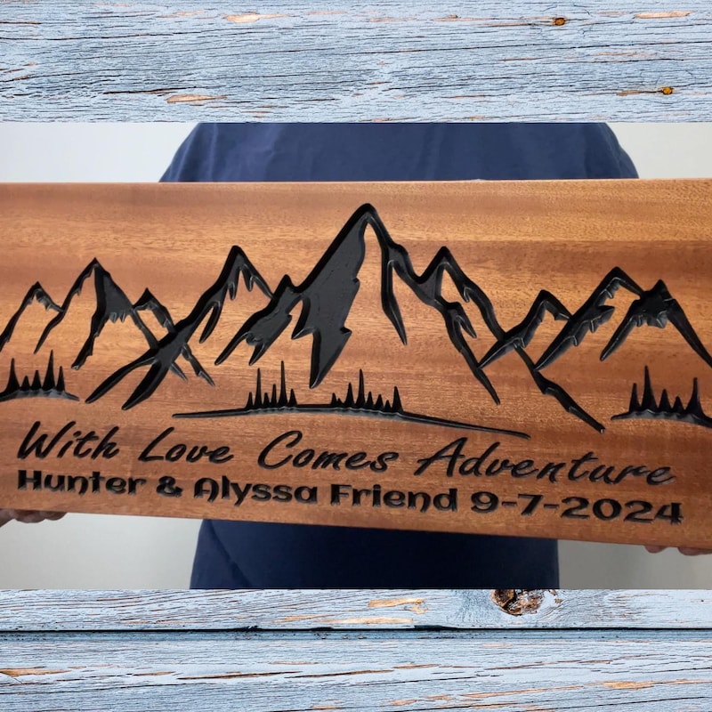 Custom Text Mountain Wall Art, Wood Carved Mountain Picture, Unique Anniversary or Wedding Gift, Family Name and Established Date Sign.