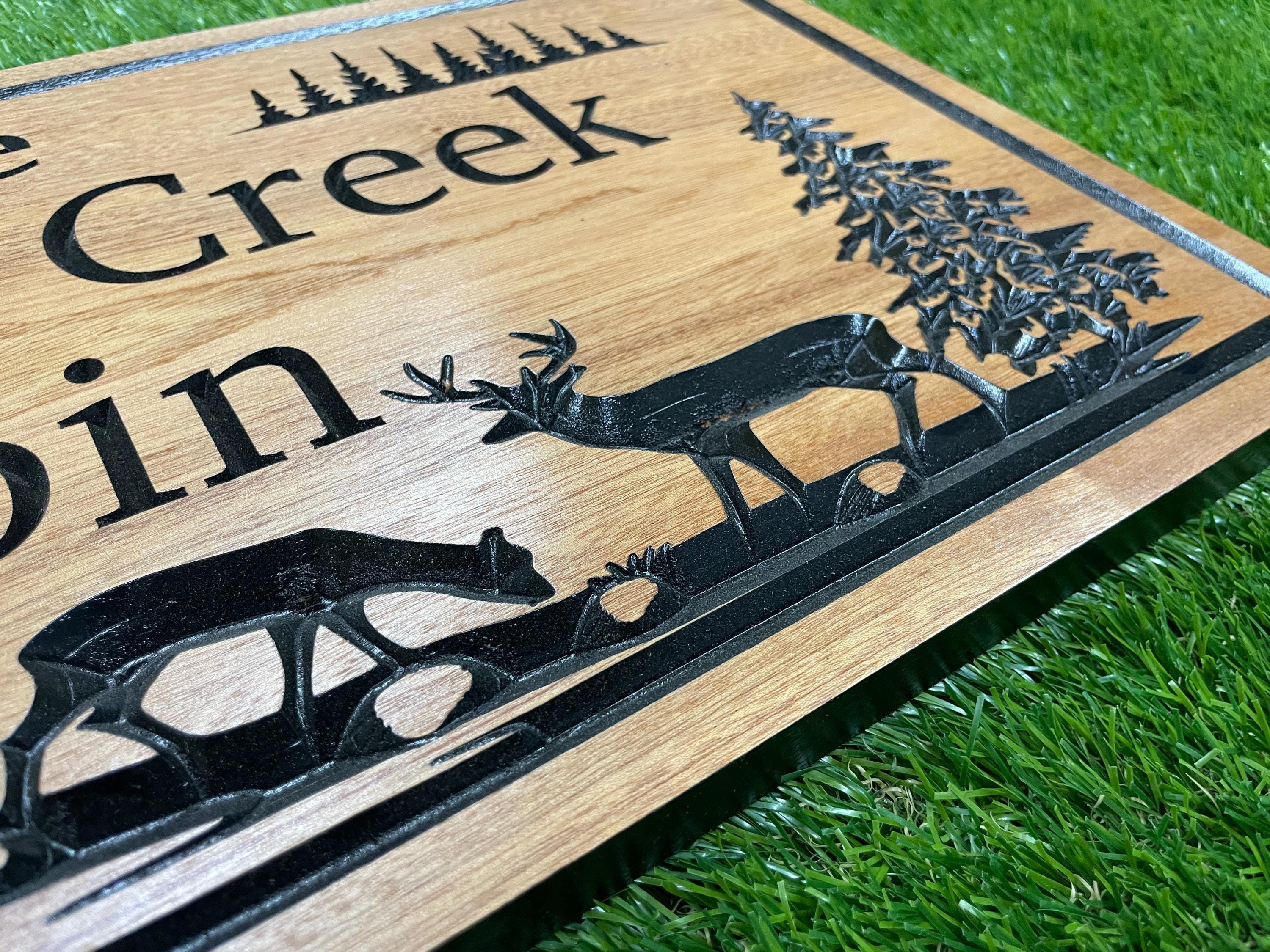 Personalized Cabin Sign: Rustic Carved Wood, Deer & Trees