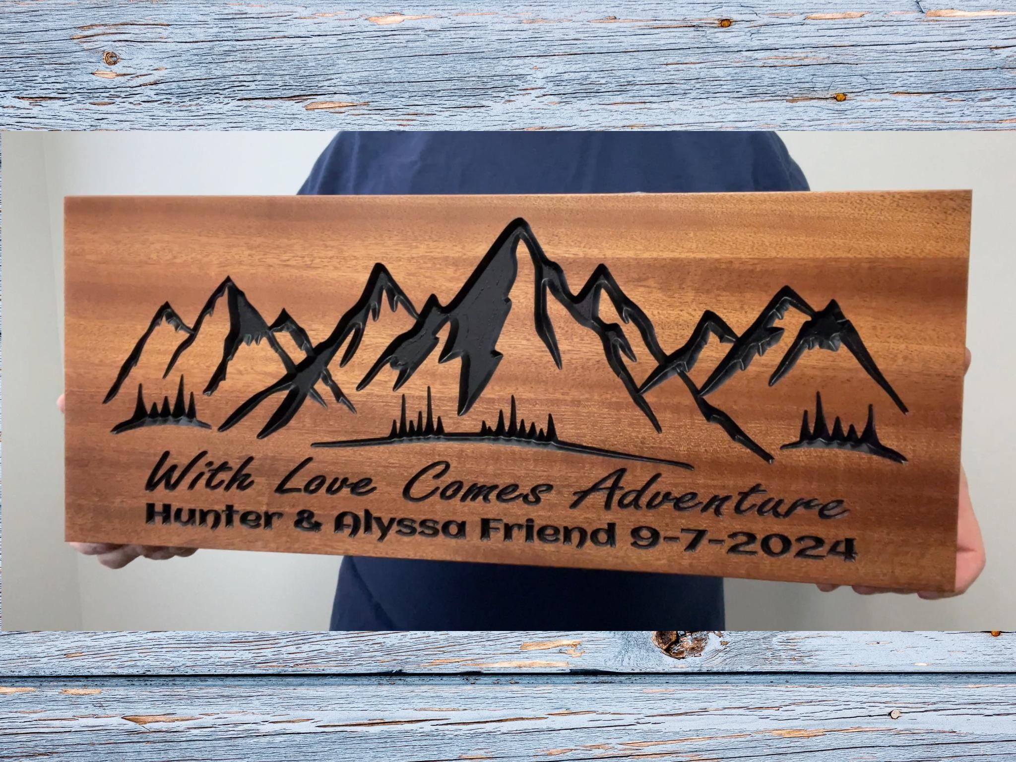 Custom Text Mountain Wall Art, Wood Carved Mountain Picture, Unique Anniversary or Wedding Gift, Family Name and Established Date Sign.