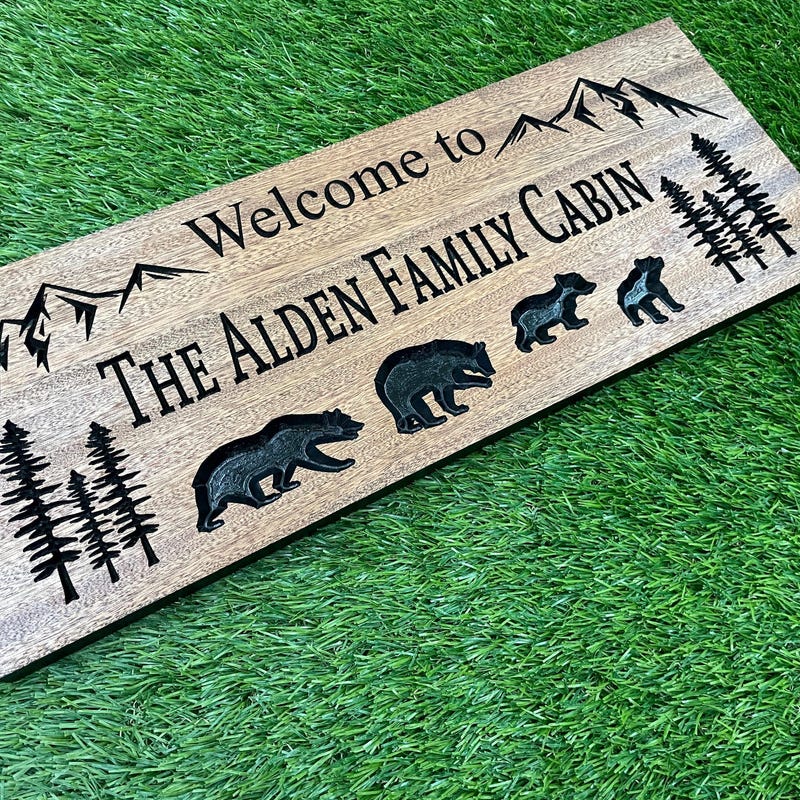Personalized Wooden Welcome Sign: Carved Bear & Pine Tree Cabin Decor