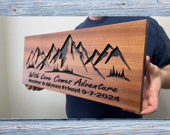 With Love Comes Adventure Sign, Custom Wedding Gift Wood Sign, Mountain Range Carved Sign, Couples Name and Date, Anniversary Gift