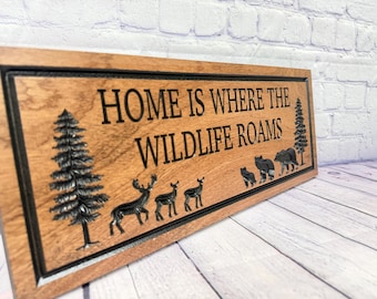 Wildlife Nature Gift Custom Wood, Bear and Deer Forest Sign, Home Wildlife Decor, Nature Lover Carved Hardwood Gift