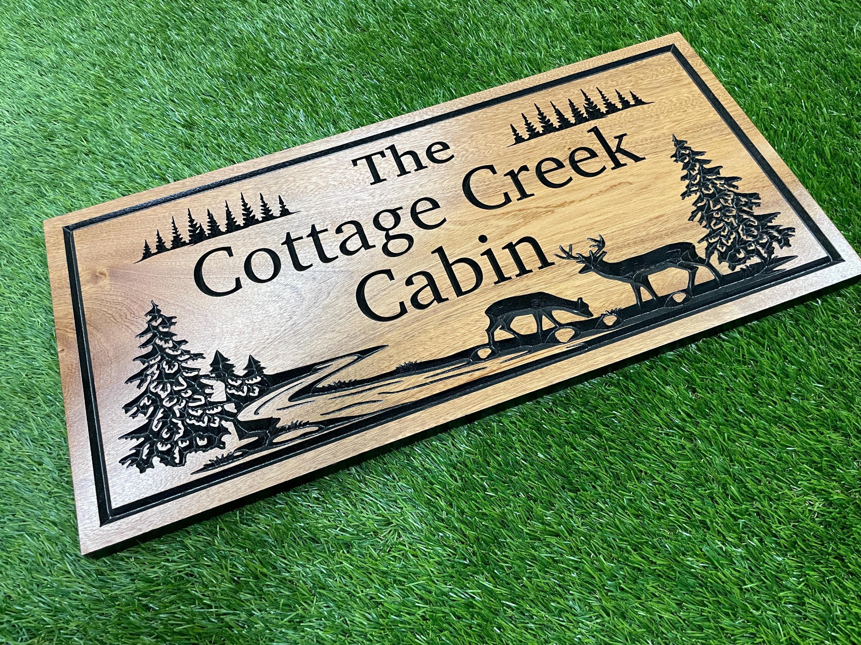 Personalized Cabin Sign: Rustic Carved Wood, Deer & Trees