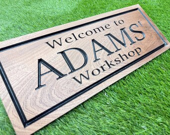 Custom Workshop Sign, Personalized Garage Sign for Dad, Carved Wood Shop Decor, Woodworker Handyman Gift, Fathers Day Retirement Gift