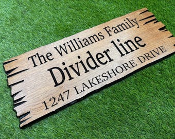 Lake House Gate Sign Custom Wood Live Edge, Family Name and Address Sign, Personalized Lake Property Sign Carved Hardwood