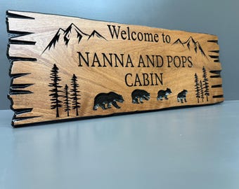 Welcome to our Lake House, Pine Tree Cabin Sign Custom Wood, Northwoods Forest Decor Carved, Nature Wall Art, Personalized Pine Sign