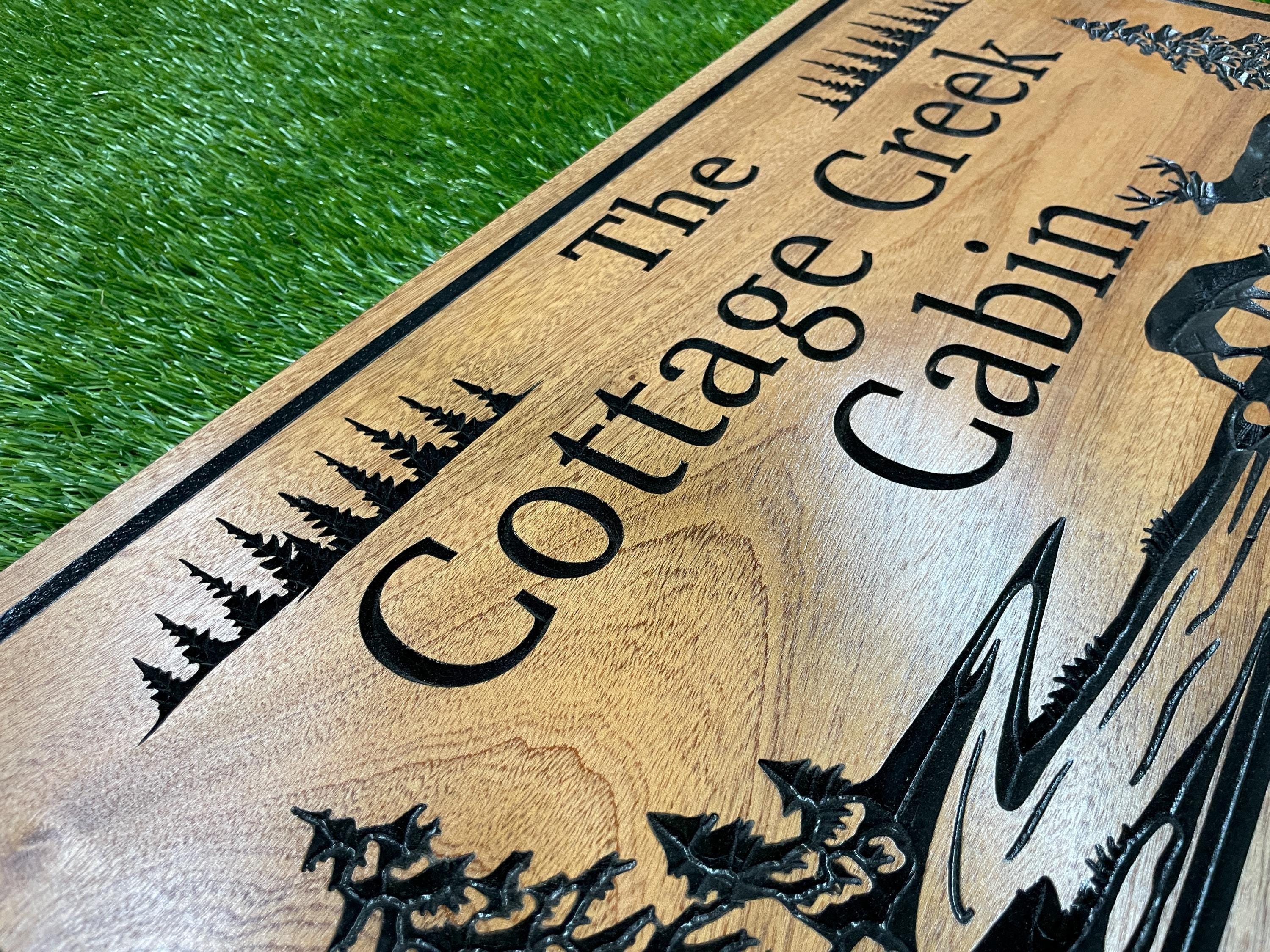 Personalized Cabin Sign: Rustic Carved Wood, Deer & Trees