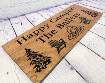 Camping Gift Custom Wood Sign, Happy Campers Personalized Family Name, Campfire Adirondack Chair Sign, Camper RV Decor Carved Hardwood