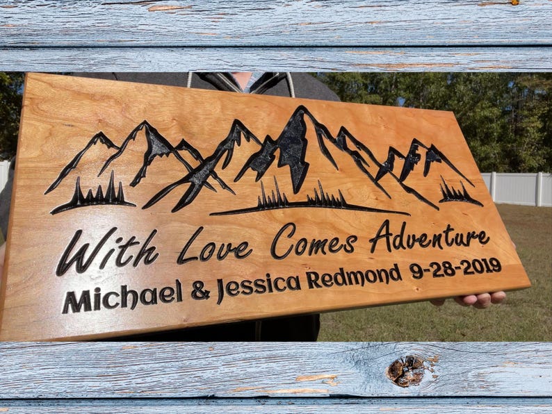 Custom Carved Mountain Wall Art - Unique Anniversary or Wedding Gift with Family Name Established Date Wood Sign, with love comes adventure