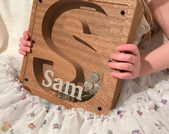 Baptism Gift Piggy Bank, Personalized Christening Keepsake, Engraved Wooden Bank for Godchild, Custom Name Dedication First Communion Gift