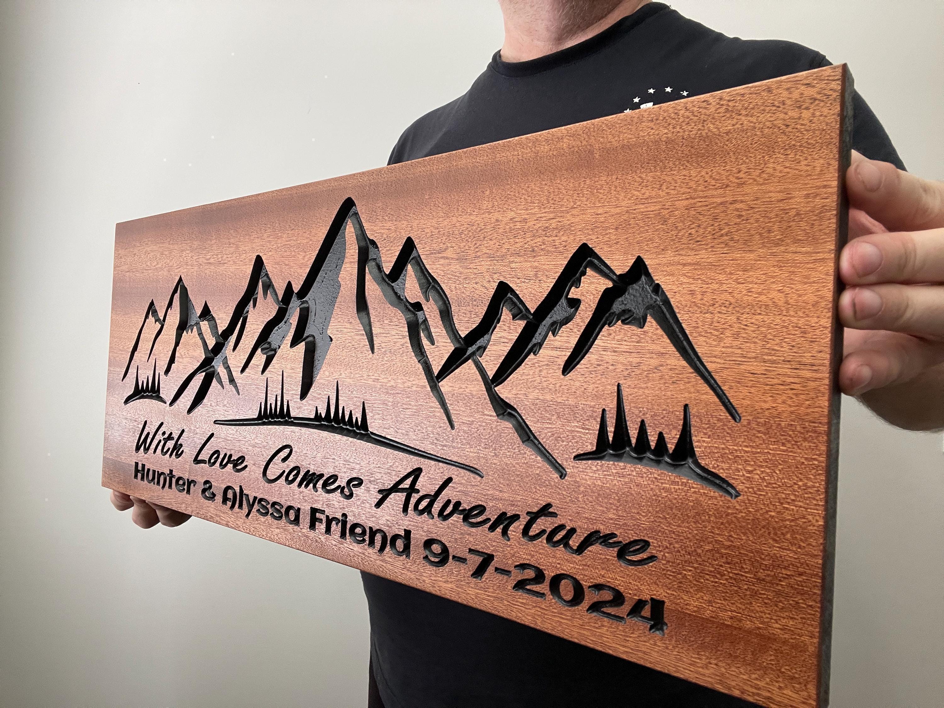 Custom Text Mountain Wall Art, Wood Carved Mountain Picture, Unique Anniversary or Wedding Gift, Family Name and Established Date Sign.
