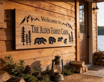 Welcome to our Cabin Sign Personalized, Pine Tree Sign, Cabin Gift, Lake House Sign, Bear Decor Wood Sign, Rustic Cabin Welcome, Nature Gift