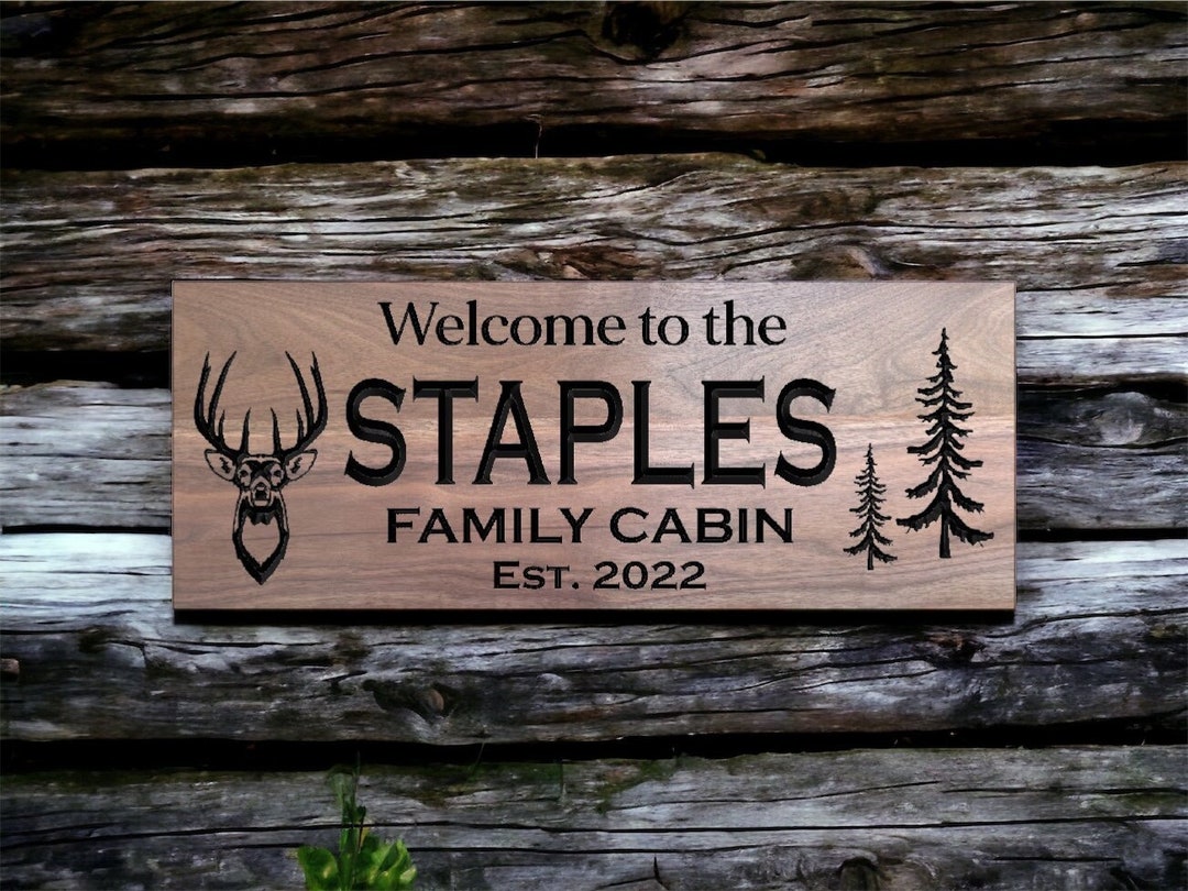 Wooden Carved Outdoor Cabin Sign With a Buck Bear and Pine Trees