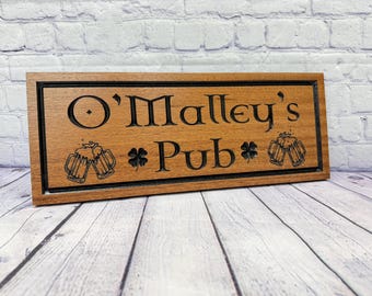Irish Pub Sign Personalized Shamrock, Custom Name Pub Sign Carved Wood, Beer Mug Bar Decor Gift
