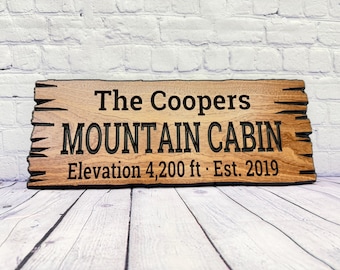 Mountain Cabin Gift Custom Wood Live Edge, Personalized Mountain Home Gift Sign, Family Name Mountain Gift Carved Hardwood