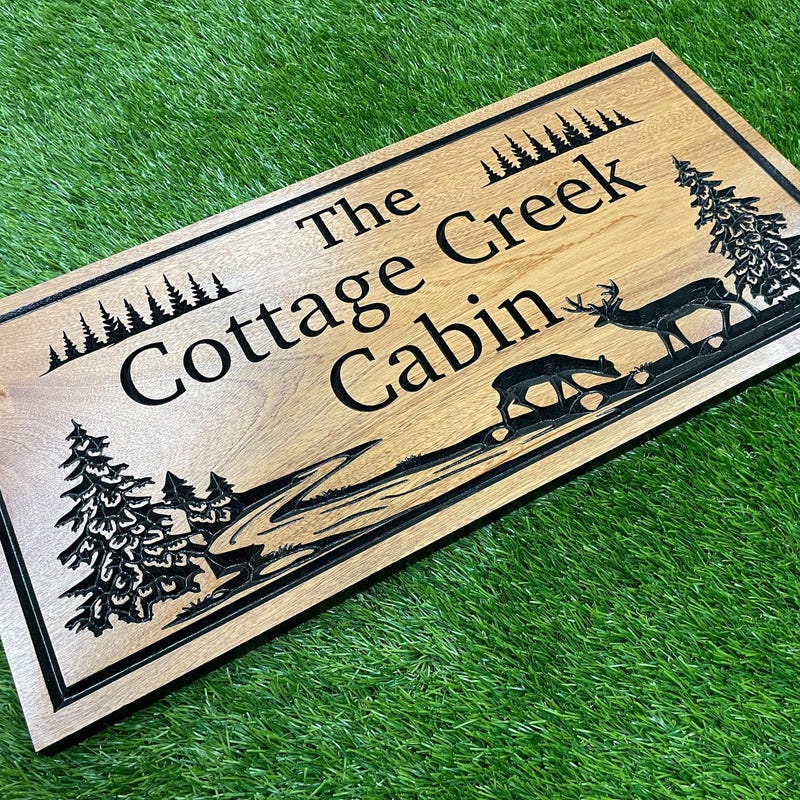 Personalized Cabin Sign: Rustic Carved Wood, Deer & Trees