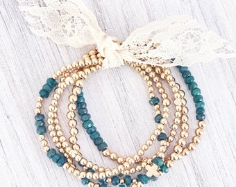 14k Gold Filled Emerald Beaded Bracelets, 2.5mm 3mm 4mm 5mm Gold Ball Beads, Stretch Bracelet Stack Layering, Bracelet Sets, Minimalist Boho