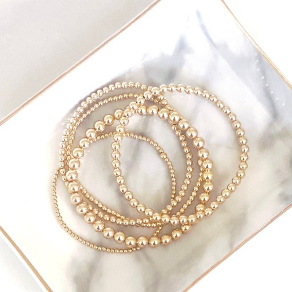 Classic 14k Gold Filled Beaded Bracelets, 2mm, 2.5, 3mm, 4mm & 5mm Stretch Bracelet Stack, Bracelet Set, Trendy, Minimalist, Boho bracelets