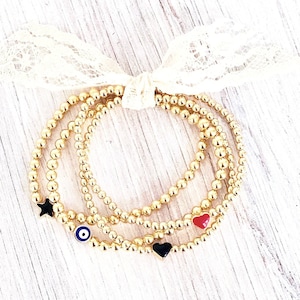 14k Gold Filled Beaded Charm Bracelets, 3mm 4mm Gold Ball Beads, Stretch Bracelet Stack, Bracelet Set, Trendy, Minimalist Evil Eye, Bohemian