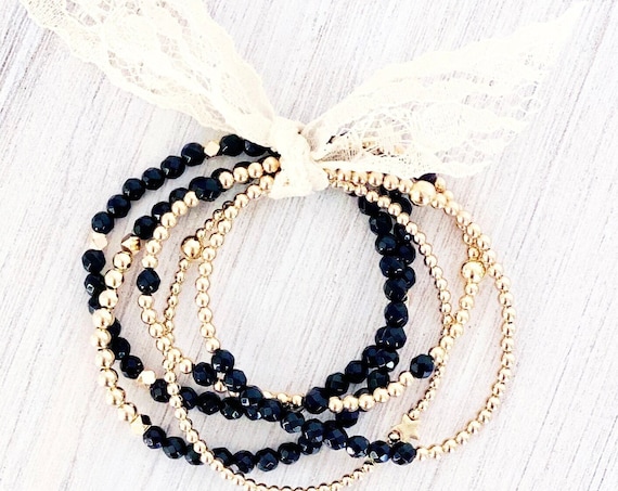 14k Gold Filled Black Onyx Beaded Bracelets, 2.5mm 3mm 4mm 5mm Gold Beads, Stretch Bracelet Stack, Layering, Bracelet Sets, Minimalist, Boho