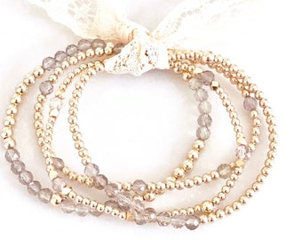 14k Gold Filled Faceted Smokey Quartz Beaded Valentine's Day Bracelets, 2.5mm 3mm 4mm Beads, Stretch Bracelet Stack, Galentine Bracelet Set