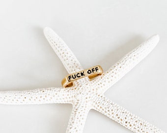 18k Gold Filled FUCK OFF Ring, Adjustable Gold Black Enamel Statement Stacking Rings, Trendy & Minimalist Gold Boho Rings, Signet Ring