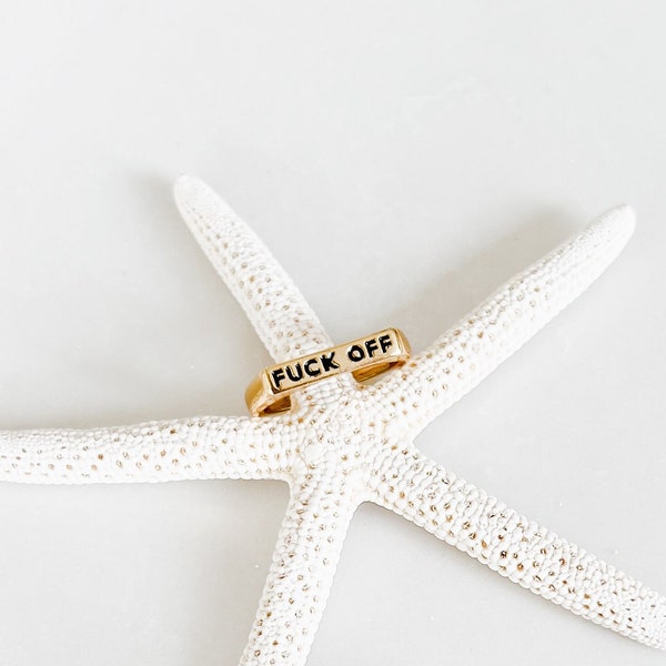 18k Gold Filled FUCK OFF Ring, Adjustable Gold Black Enamel Statement Stacking Rings, Trendy & Minimalist Gold Boho Rings, Signet Ring