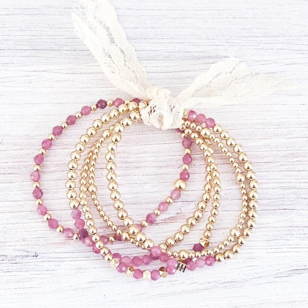 14k Gold Filled Pink Tourmaline Beaded Bracelets, 2.5mm 3mm 4mm 5mm Beads, Stretch Layering Gold Bracelets Stack, Valentine's Day Bracelets